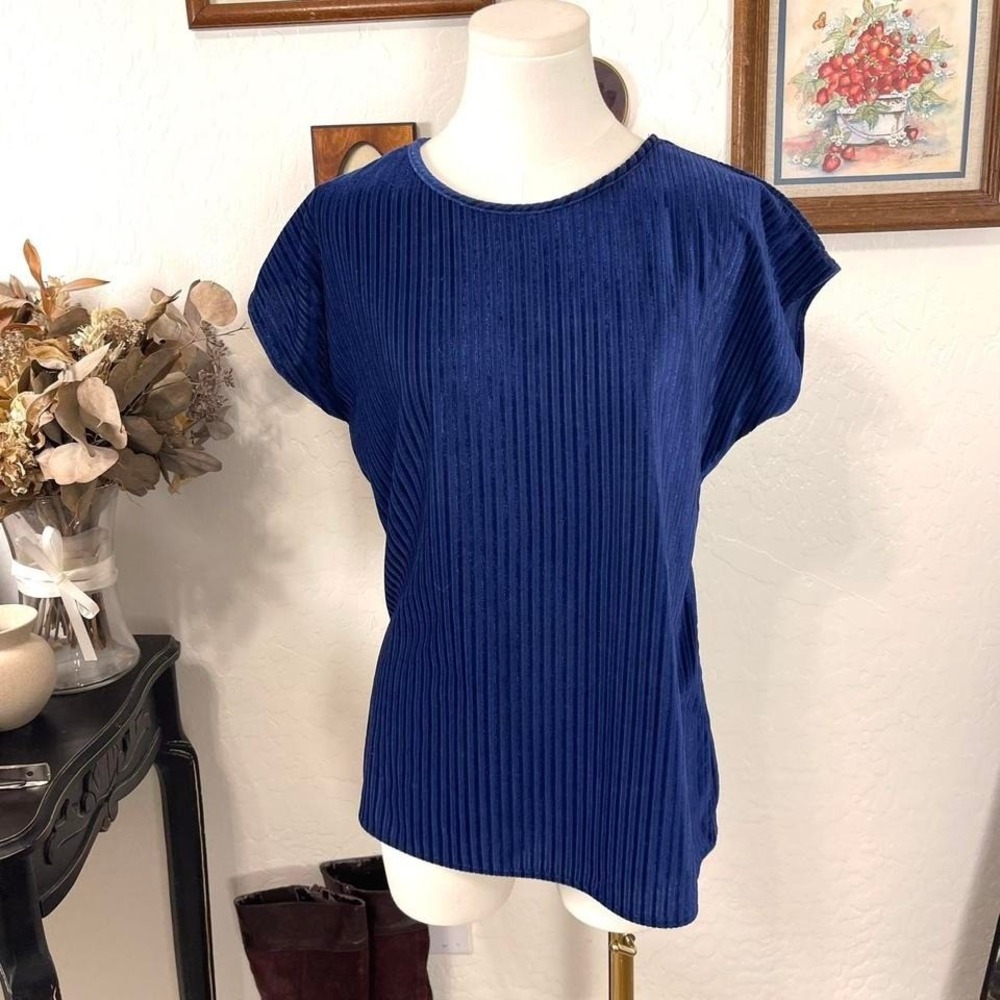 Vintage 90s Ribbed Blue Cap Sleeve‎ Striped Velvet Top